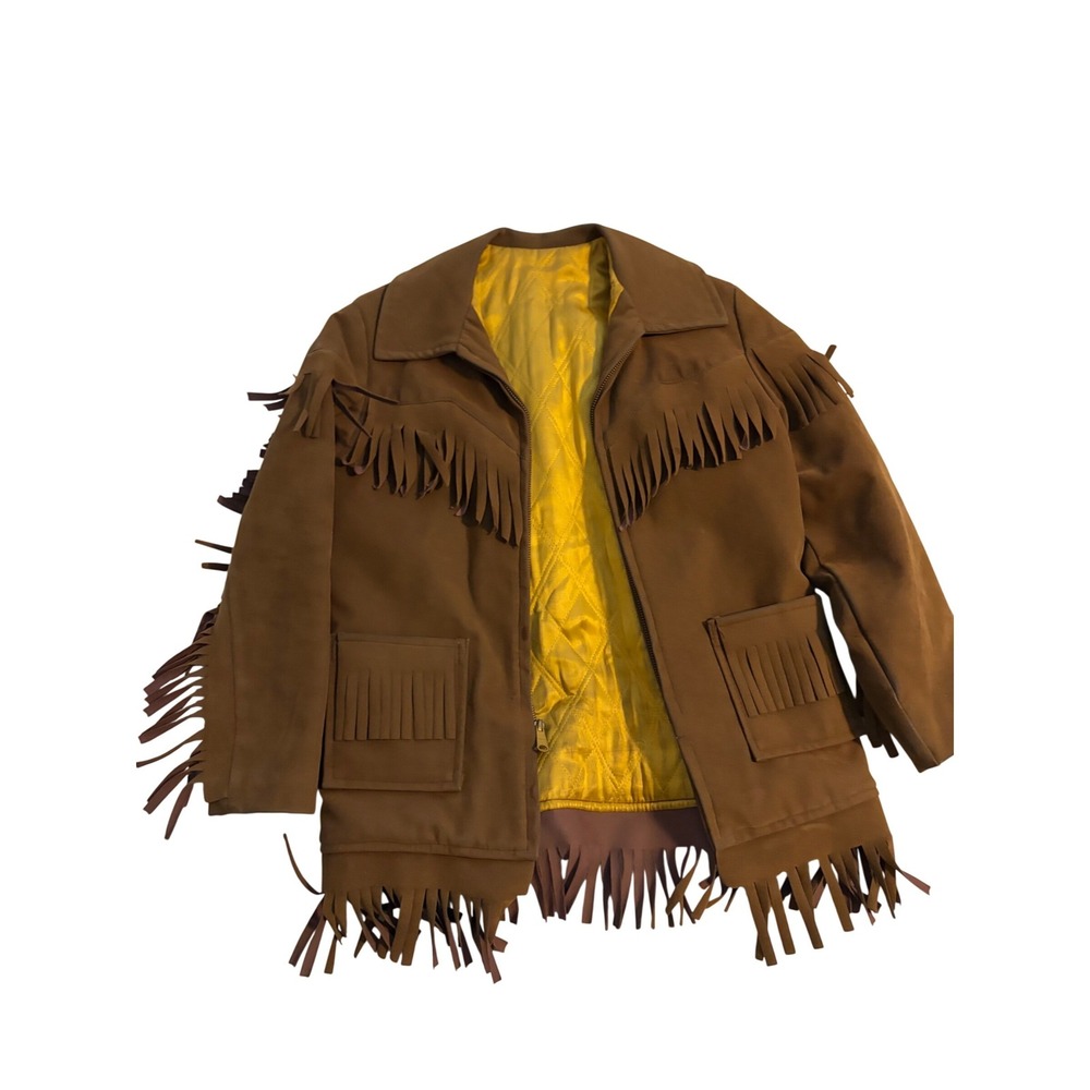 Vintage Western Fringe Jacket Cowboy Boho Brown Faux Suede Quilted Lining L